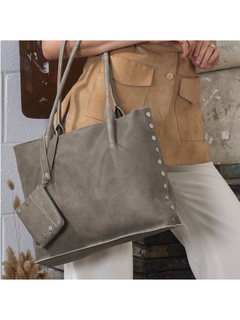Hammit Limited Edition Large Oliver Pewter Tote bag with brushed Silver Studs